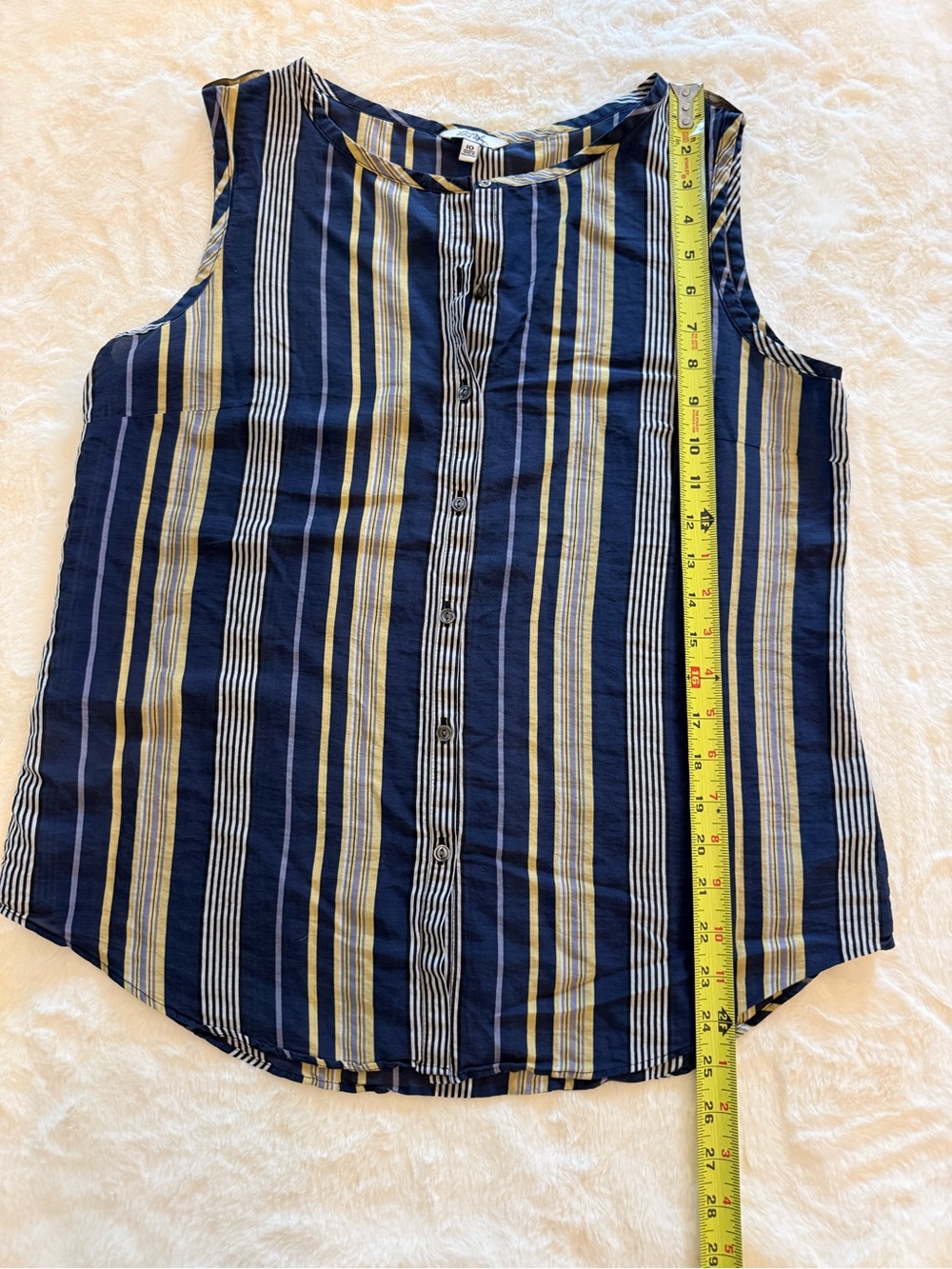 L.L. Bean Navy, Tan & White Vertical Stripe Sleeveless Button-Front Shirt